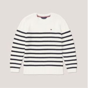 Tommy Hilfiger White Cotton Sweater with Navy Stripes Classic Preppy Nautical